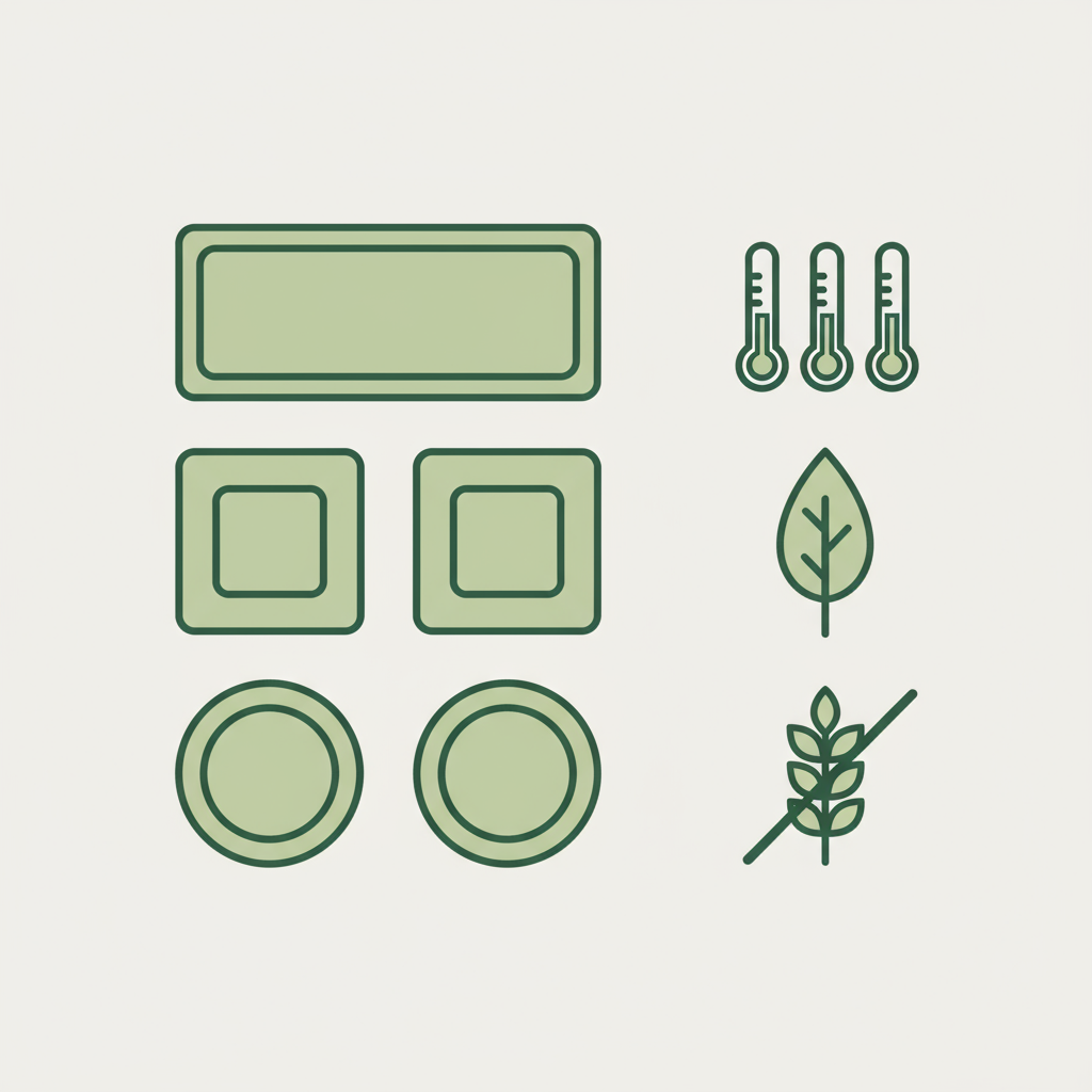 Minimalistische 2D-Vektor-Infografik eines Brunchbuffet-Layouts mit Temperatur- und Ernährungs-Icons in Schnell Lecker Farben.