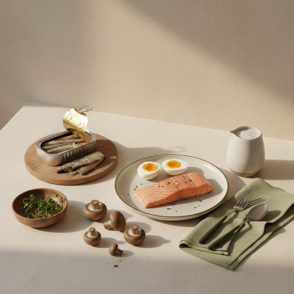 Wo ist am meisten Vitamin D drin: Full-Frame Tischaufnahme mit Lachsfilet, Sardinen, Eiern, Pilzen und Pflanzenmilch vor Hintergrund #dbdbcf in minimalistischer, heimeliger europäischer Ästhetik.