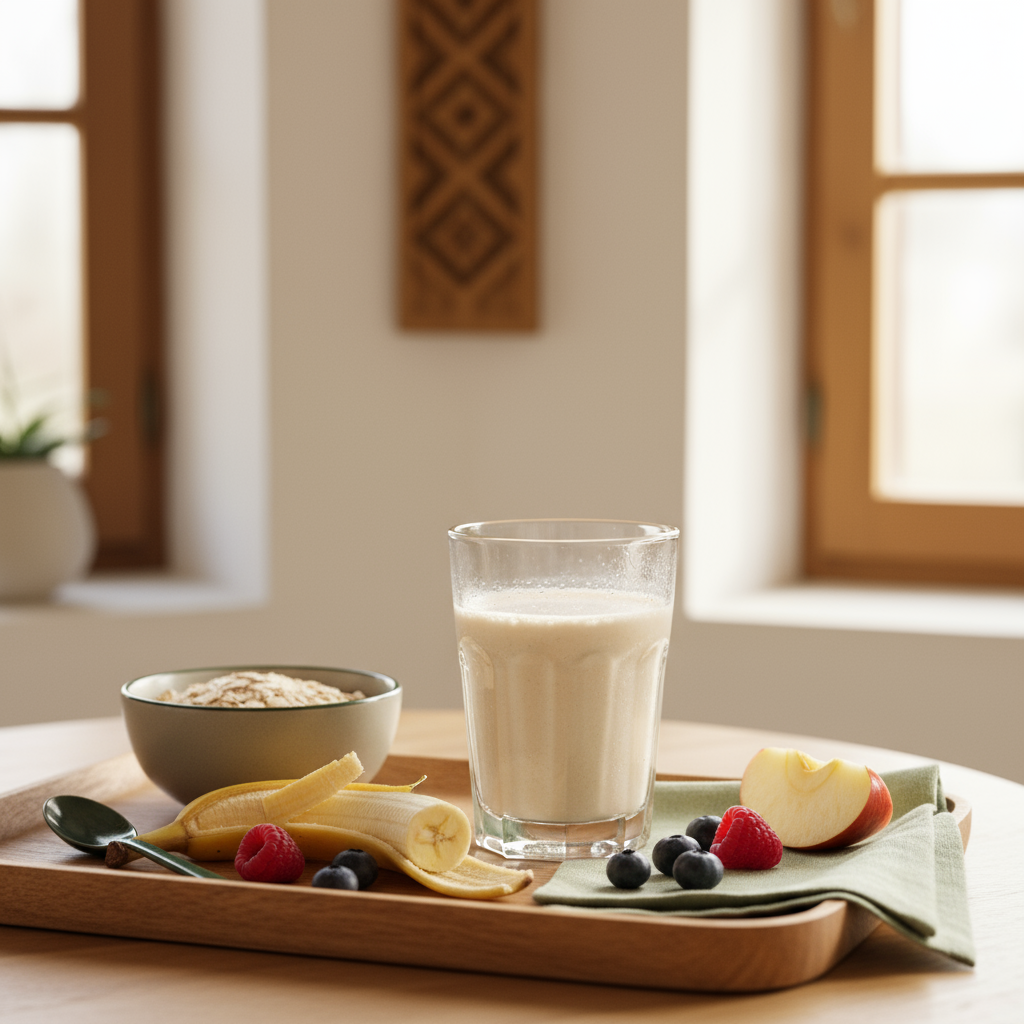 Nahaufnahme eines Protein-Shakes neben frischem Obst und einer kleinen Schale Haferflocken auf minimalistischem #dbdbcf Hintergrund mit #a5cd8d Akzenten – gesundes Shake Abnehmen Motiv.