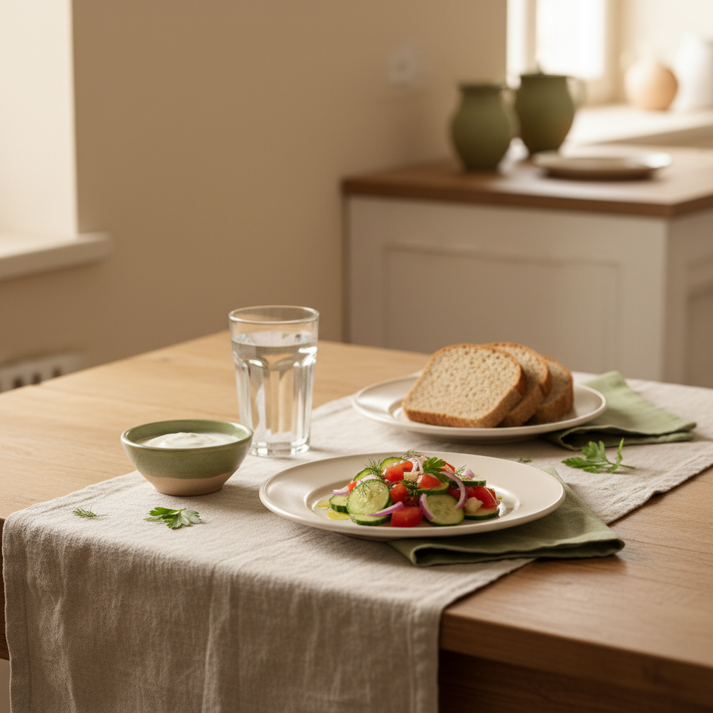 Minimalistischer Esstisch mit ungarisch-rumänischem Mittagsgericht, warmes Tageslicht, Hintergrund #dbdbcf, grüne Akzente #a5cd8d — Mittagessen von der Steuer absetzen
