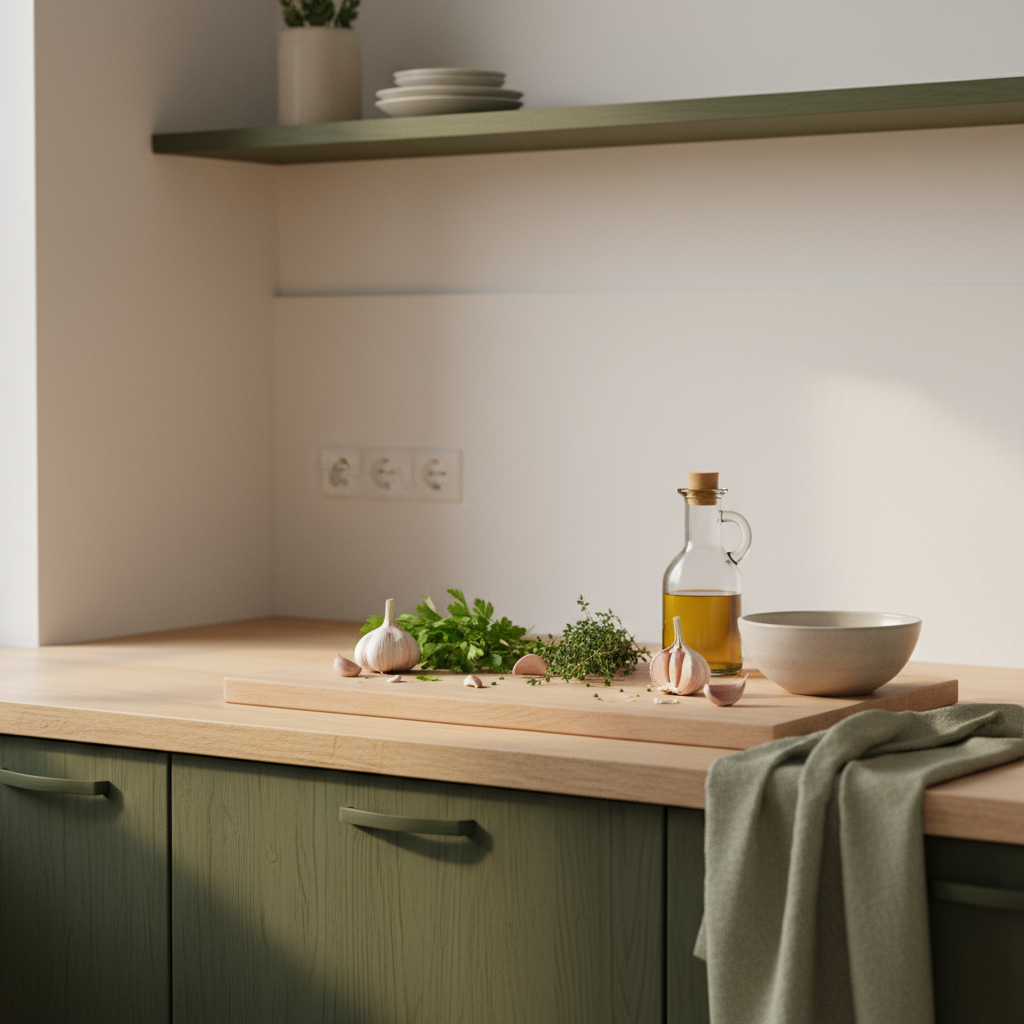 Holzbrett mit zerdrücktem und ganzen Knoblauch, frischen Kräutern und Olivenöl vor hellem #dbdbcf Hintergrund, warmes minimalistisches Küchen-Setup