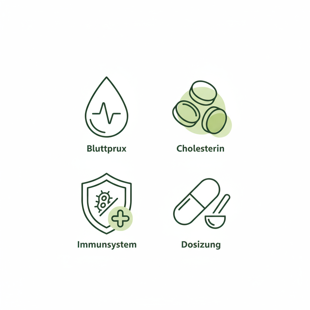 Minimalistische 2D-Vektor-Infografik zu Knoblauch: Icons für Blutdruck, Cholesterin, Immunsystem und Dosierung auf beigem Hintergrund.