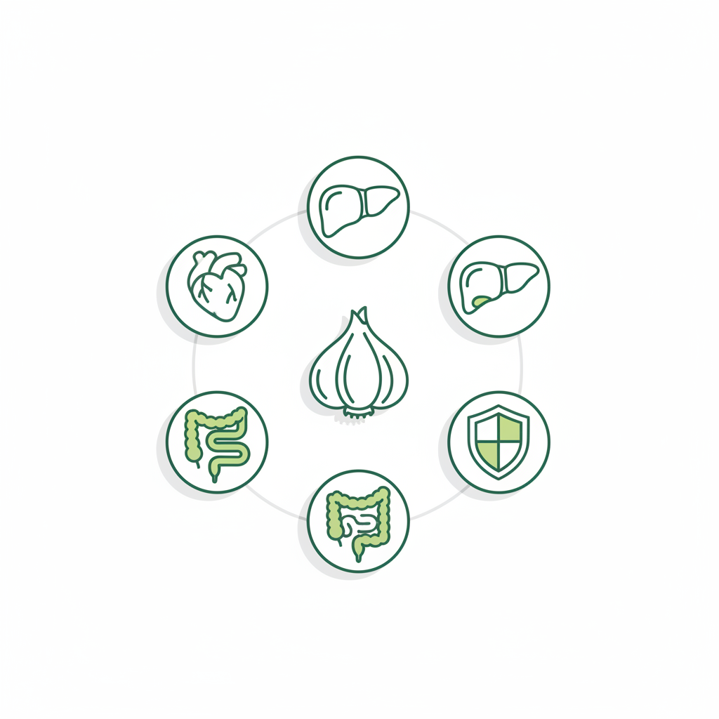 Minimalistische Vektor-Infografik zu Knoblauch Gesundheit mit fünf Icons: Herz, Leber, Darm, Immunschild und Knoblauch vor Hintergrund #dbdbcf