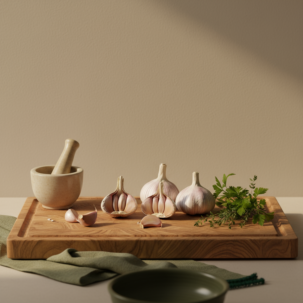 Nahaufnahme eines Holzschneidebretts mit frisch geschnittenen Knoblauchzehen, kleinem Mörser und einfachen Kräutern vor neutralem Hintergrund #dbdbcf – Knoblauch Gesundheit