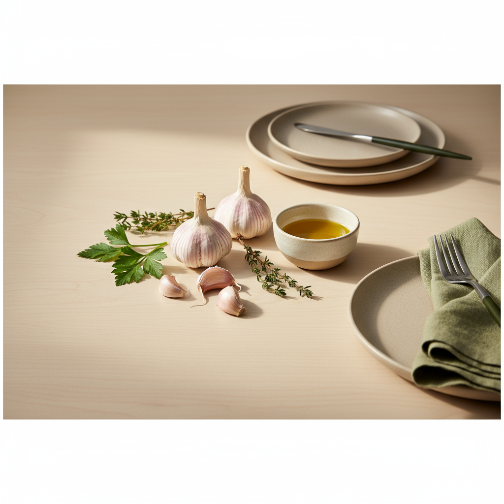 Ist es gesund jeden Tag Knoblauch zu essen – minimalistische heimische Küchenszene mit Knoblauchzehen, Schälchen Olivenöl und frischen Kräutern vor hellbeigem Hintergrund.