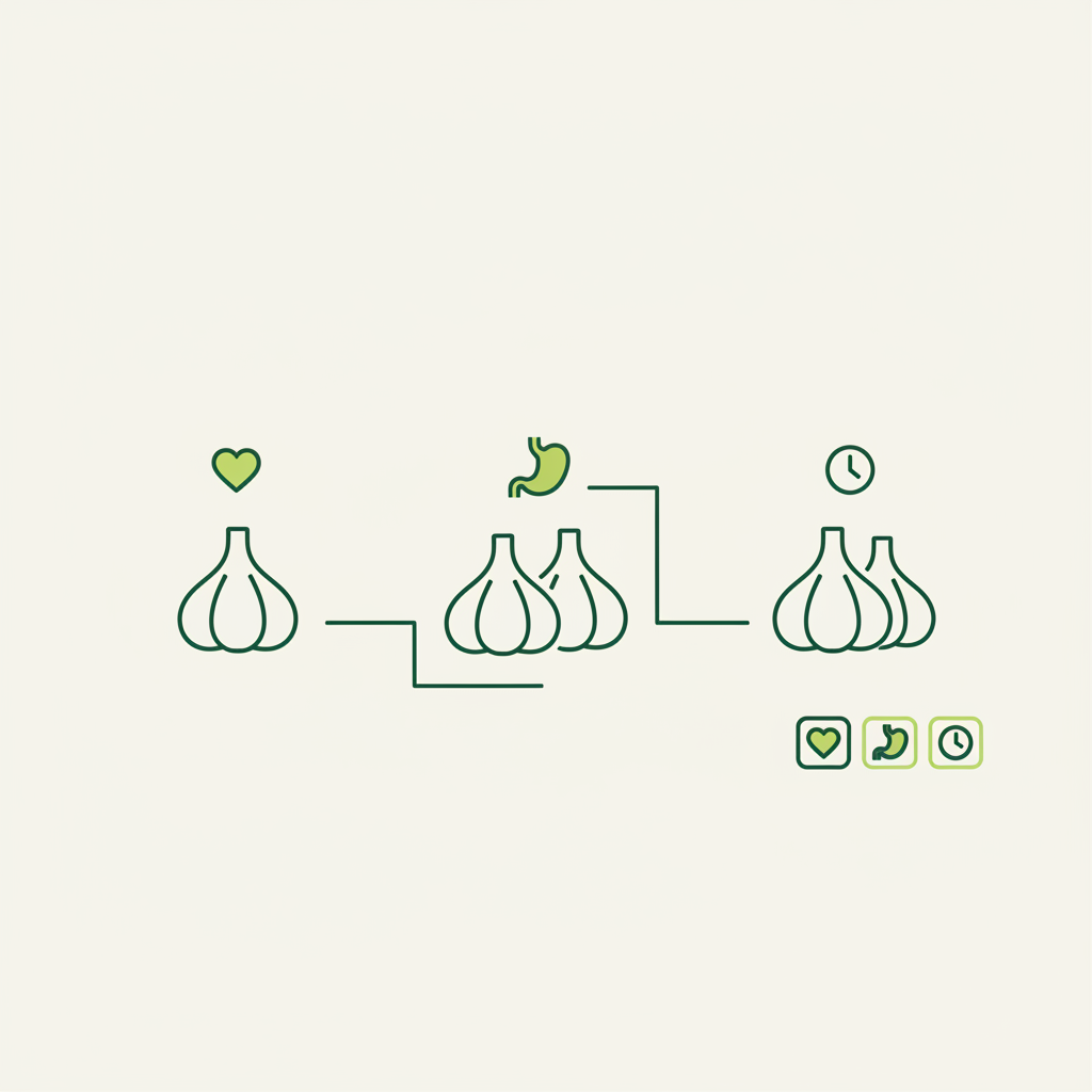 Minimalistische Vektor-Infografik mit drei Knoblauchzehen und Icons für Herz, Magen und Uhr in Schnell‑Lecker-Farben