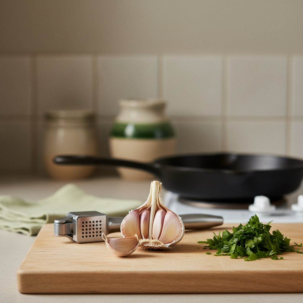 Close-up: halbierte Knoblauchknolle mit gehackter Petersilie auf Schneidebrett, Knoblauchpresse und unscharfe Pfanne in warmer, heimischer Atmosphäre.