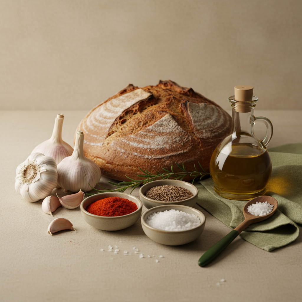 Nahaufnahme eines minimalistischen Tischarrangements mit Knoblauch, rustikalem Brot, Olivenöl und Gewürzschälchen vor dezentem Hintergrund #dbdbcf