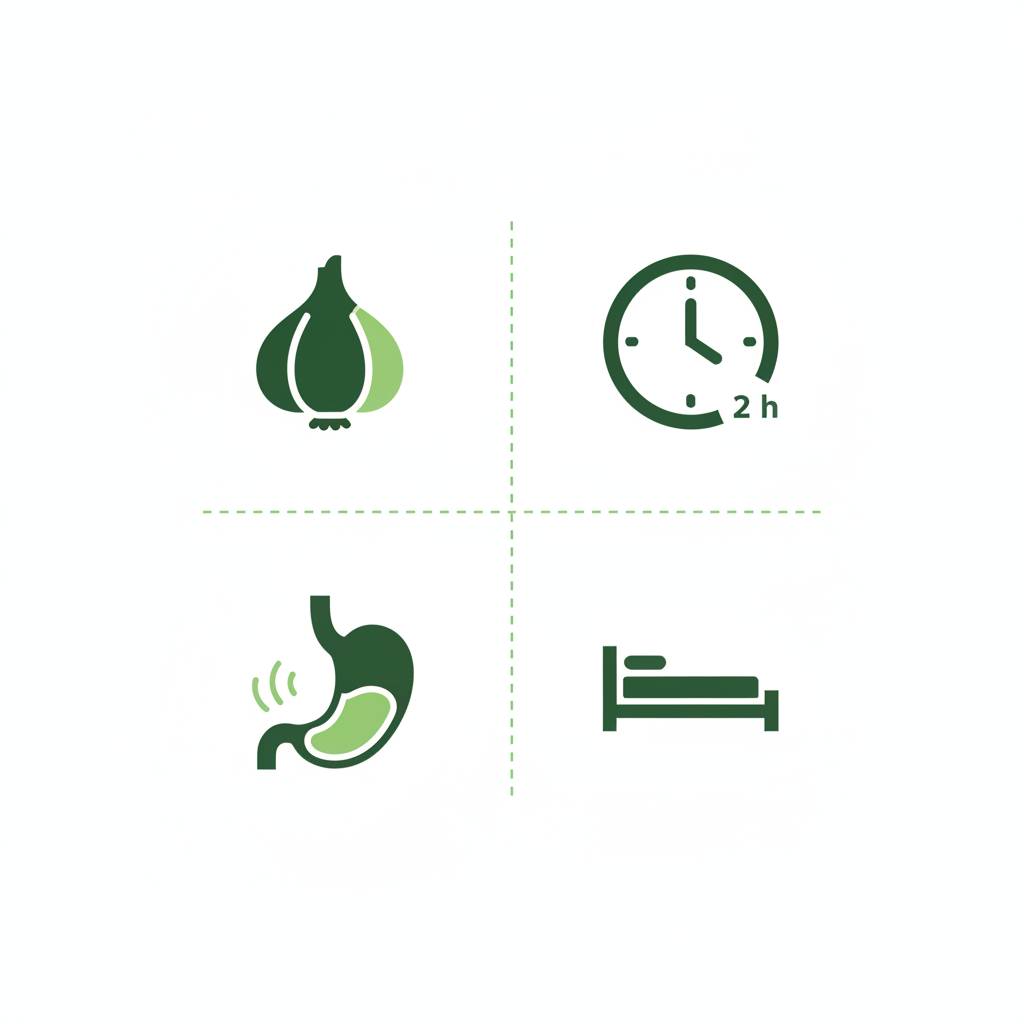 Minimalistische 2D-Vektor-Infografik Knoblauch Schlaf mit Knoblauch-, Uhr-, Magen- und Matratzen-Icon auf Hintergrund #dbdbcf, Akzente #a5cd8d.