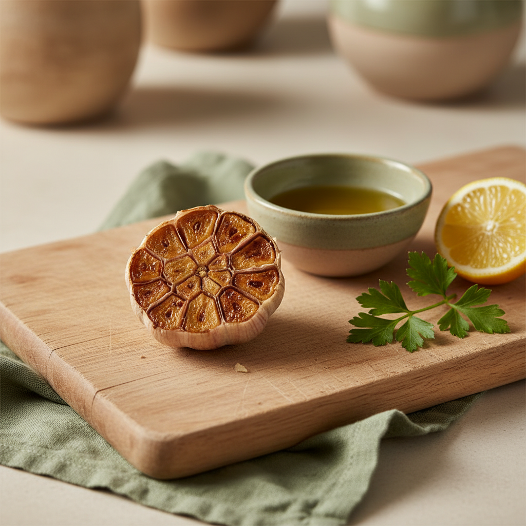 Geröstete, aufgebrochene Knoblauchknolle auf Holzbrett mit Olivenöl, Petersilie und Zitronenschnitz – Knoblauch Schlaf, warmes minimalistisches Küchenstillleben