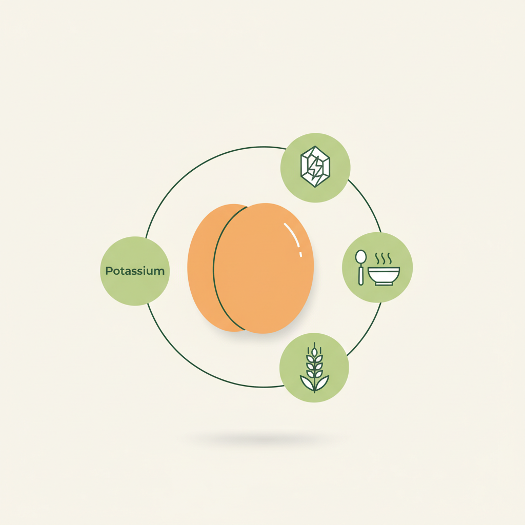 Minimalistische 2D-Vektor-Infografik mit Aprikosen-Icon und drei Symbolen für Kalium, Ballaststoffe und Rezepte in den Markenfarben von Schnell Lecker.