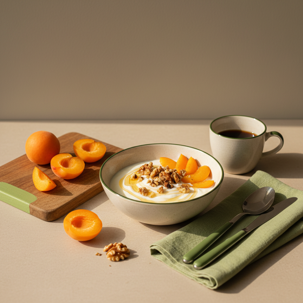 Gemütliche Frühstücksschale mit Joghurt, Aprikosenscheiben und Nüssen auf minimalistischem Tisch vor #dbdbcf Hintergrund, Akzente #a5cd8d und #21431f – Aprikosen pro Tag