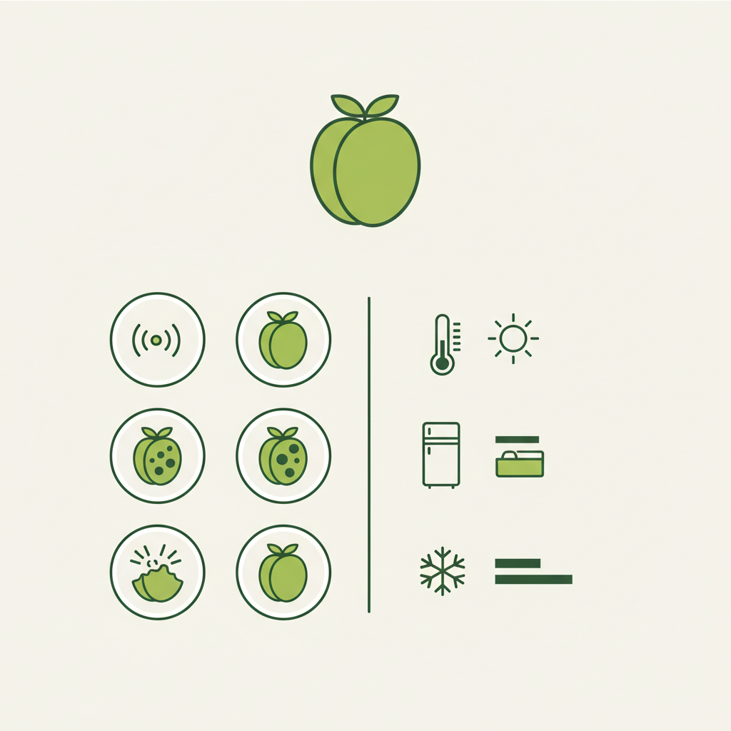 Wann sollte man Aprikosen nicht mehr essen? Minimalistische 2D-Vektor-Infografik mit Icons zu Geruch, Schimmel, Konsistenz und Lagerzeiten (Zimmertemperatur, Kühlschrank, Gefrierfach).