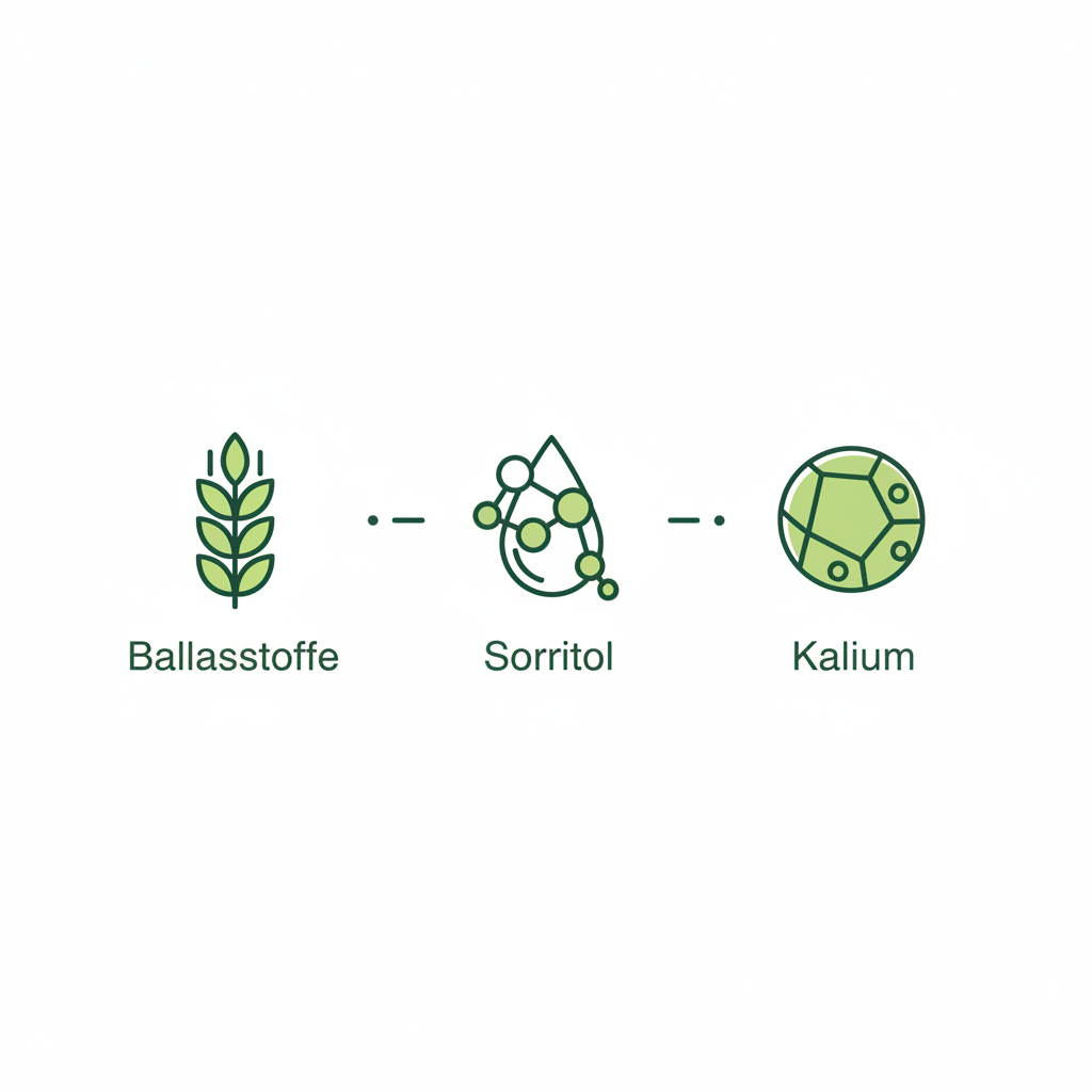 Pflaumen gesund: minimalistische 2D-Vektor-Infografik mit Icons zu Ballaststoffe, Sorbitol und Kalium im Schnell Lecker Farbstil (Hintergrund #dbdbcf).