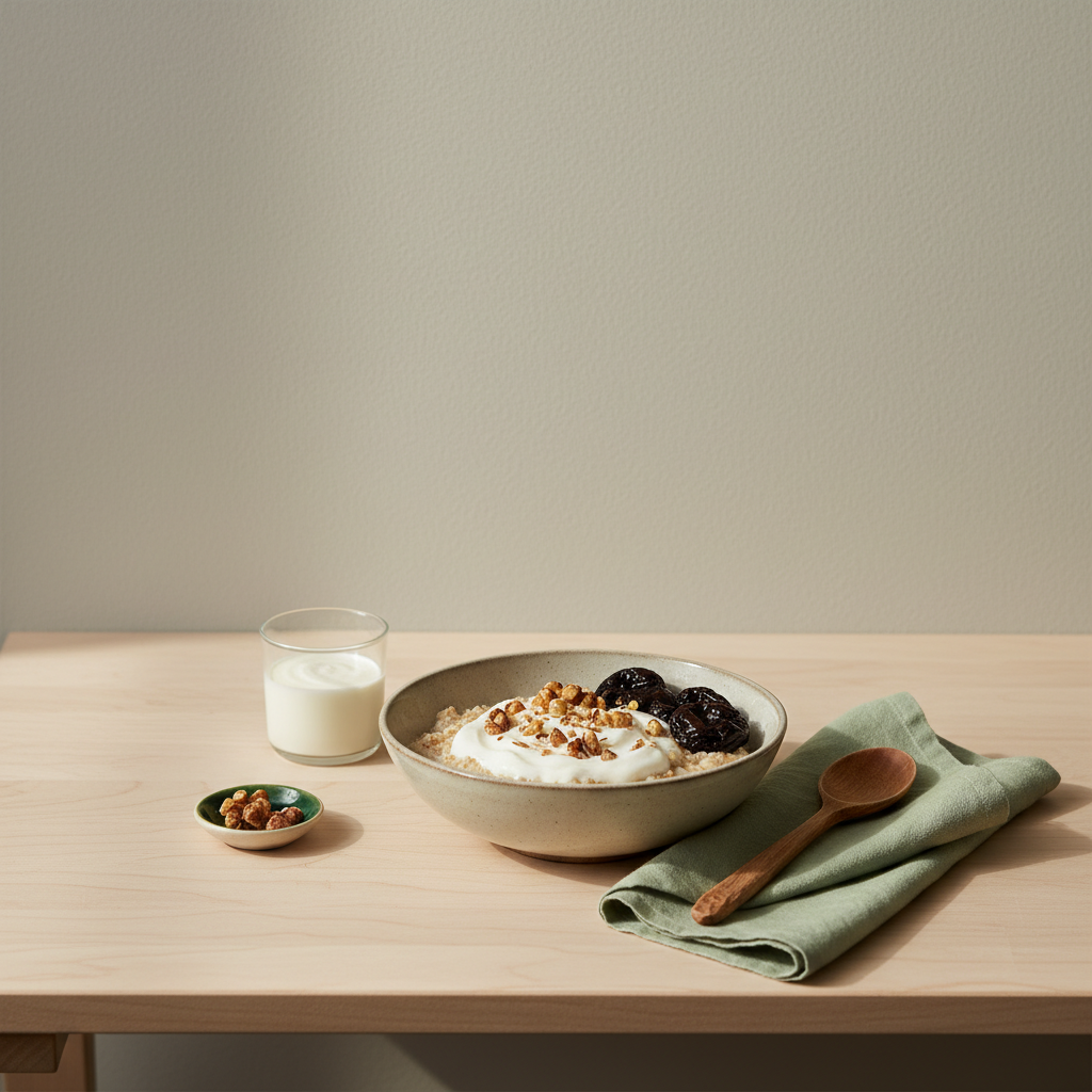 Heimeliges Frühstück mit Haferflocken, eingeweichten Trockenpflaumen, Joghurt und Nüssen auf hellem Holztisch im warmen Tageslicht — Pflaumen gesund.