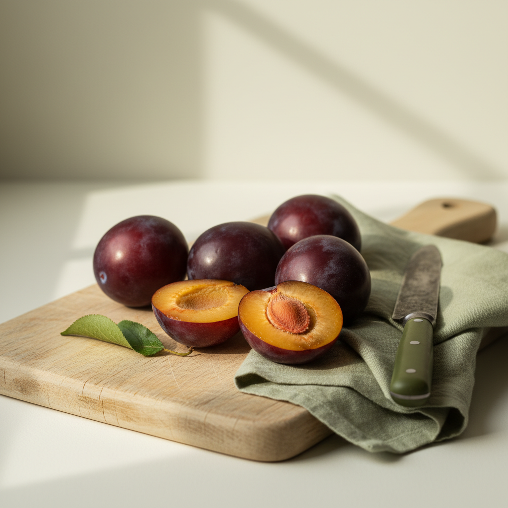 Nahaufnahme-Stillleben mit halbierten Zwetschgen und runden Pflaumen auf Holzbrett, rustikales Messer, warme Hintergrundfarbe #dbdbcf und Akzent #a5cd8d — Unterschied Pflaume und Zwetschgen
