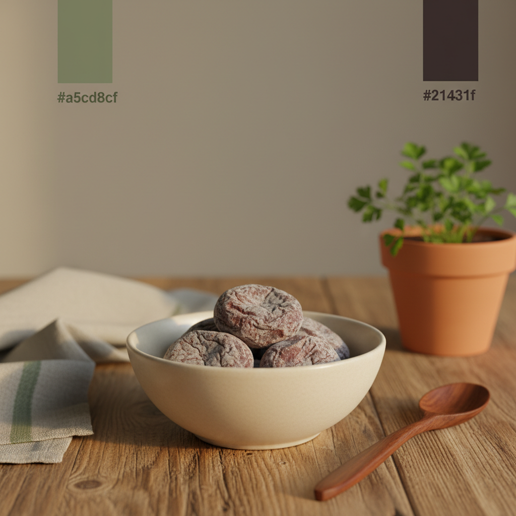 Close-up einer Schale mit 3 getrockneten Pflaumen auf Holztisch, warme Abendbeleuchtung, dezenter grüner Akzent (#a5cd8d) und neutraler Hintergrund (#dbdbcf) – Wie viele Pflaumen am Tag