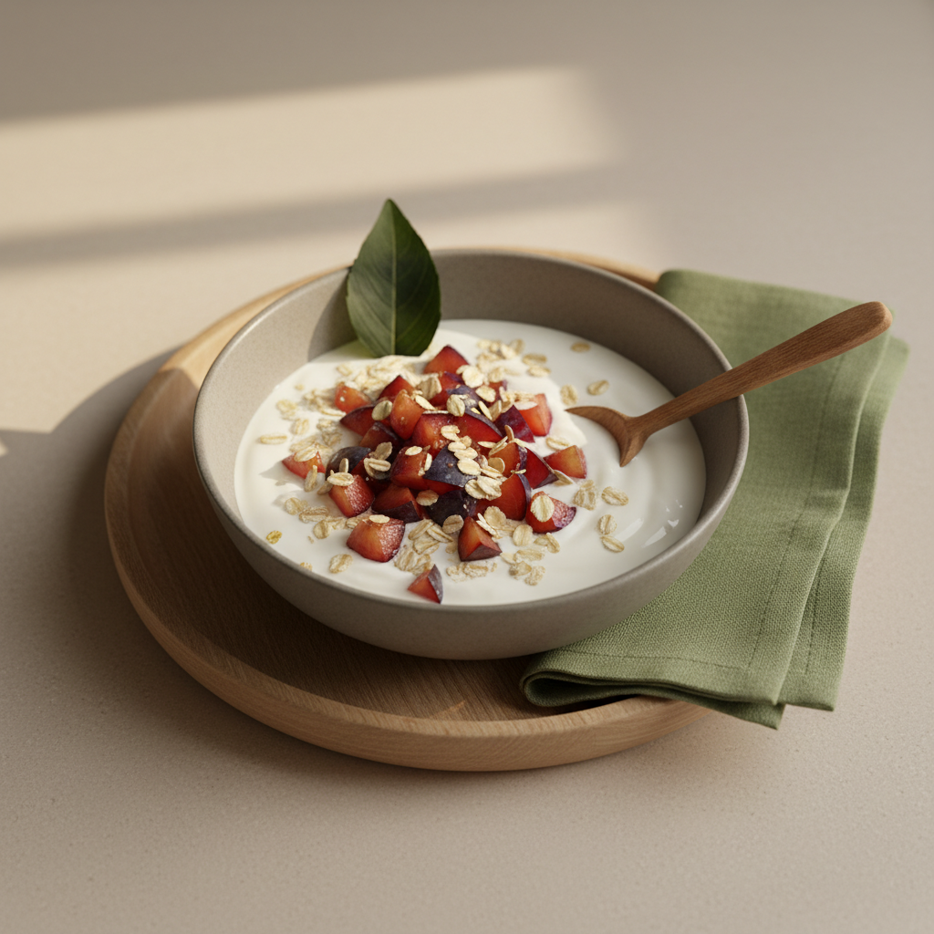 Für welche Organe sind Pflaumen gut: Nahaufnahme eines minimalistischen Frühstücks mit Joghurt, Haferflocken und gehackten Pflaumen auf cremefarbenem Hintergrund, dezente grüne Serviette als Farbakzent.