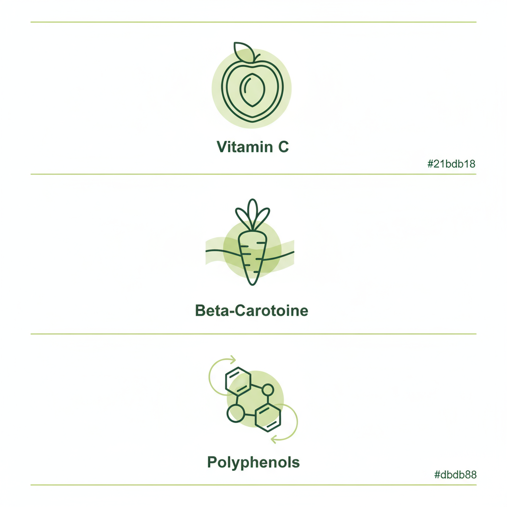 Minimalistische 2D-Vektorinfografik zu Aprikosen entzündungshemmend: drei horizontale Sektionen mit Icons für Vitamin C, Beta‑Carotin und Polyphenole auf #dbdbcf/#a5cd8d Palette.