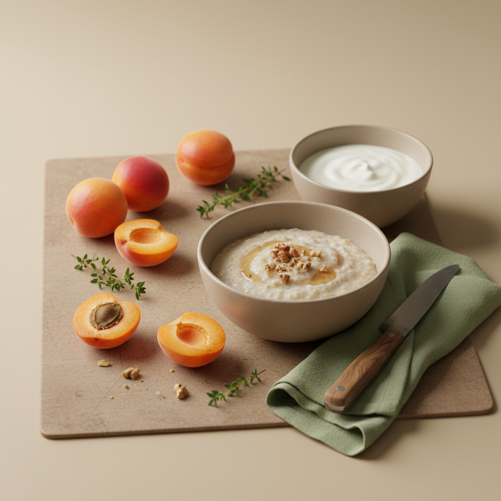 Nahaufnahme rustikaler Frühstückstisch mit frischen Aprikosen, Haferbrei und Joghurt in warmem Licht – Aprikosen entzündungshemmend