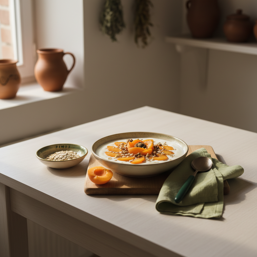 Wie viele Aprikosen pro Tag – Frühstück mit geschnittenen Aprikosen, Joghurt, Haferflocken und Nüssen auf minimalistischem, warmem Tisch (Hintergrund #dbdbcf, Akzent #a5cd8d).