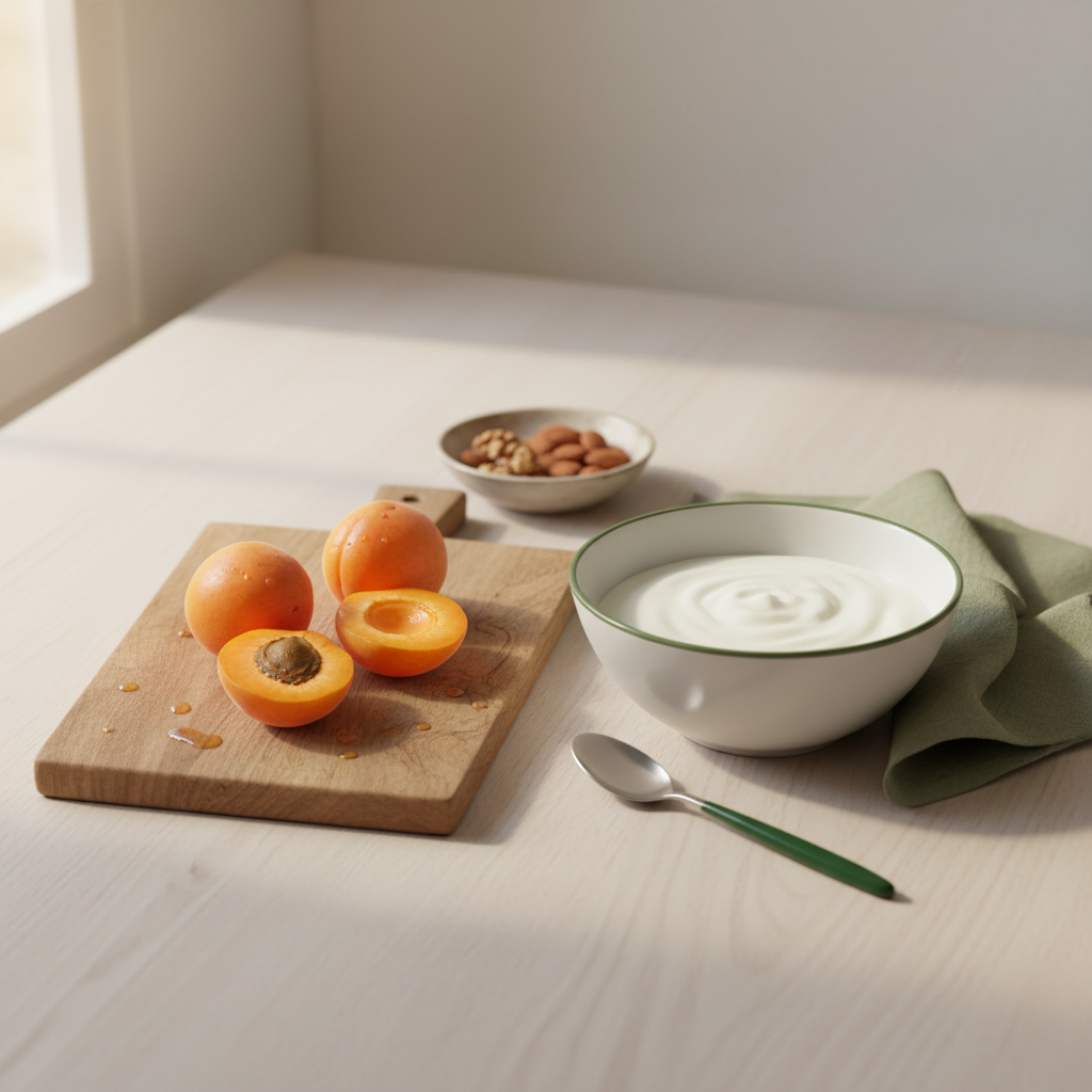 Minimalistisches Küchenstillleben mit Holzschneidebrett, halbierten Aprikosen, Joghurt und Nüssen – Thema Zucker in Aprikosen, warmer Look, Hintergrund #dbdbcf, Akzente #a5cd8d.