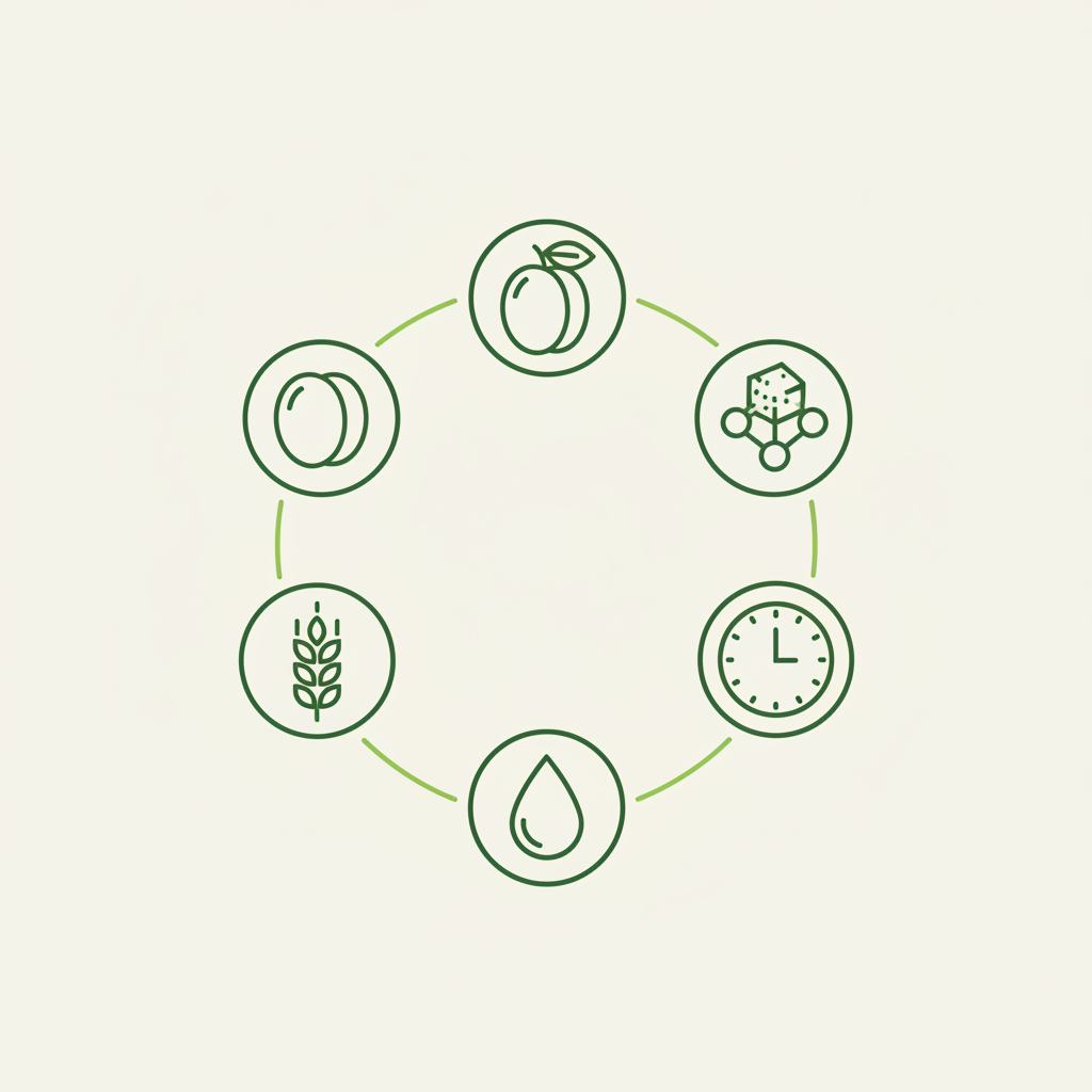 Minimalistische Vektor-Infografik mit Aprikosen-Icon, Symbolen für Ballaststoffe, Sorbitol, Wasser und Uhr (30 Minuten) in Schnell Lecker Markenfarben