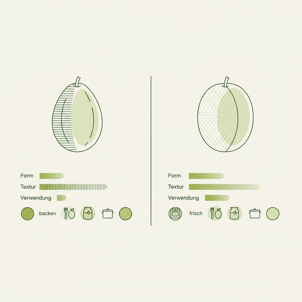 Minimalistische Vektor-Infografik: Unterschied Zwetschge Pflaume gezeigt durch zwei Frucht-Icons, farbkodierte Balken und kleine Nutzungssymbole (backen, frisch, einkochen) auf beigem Hintergrund