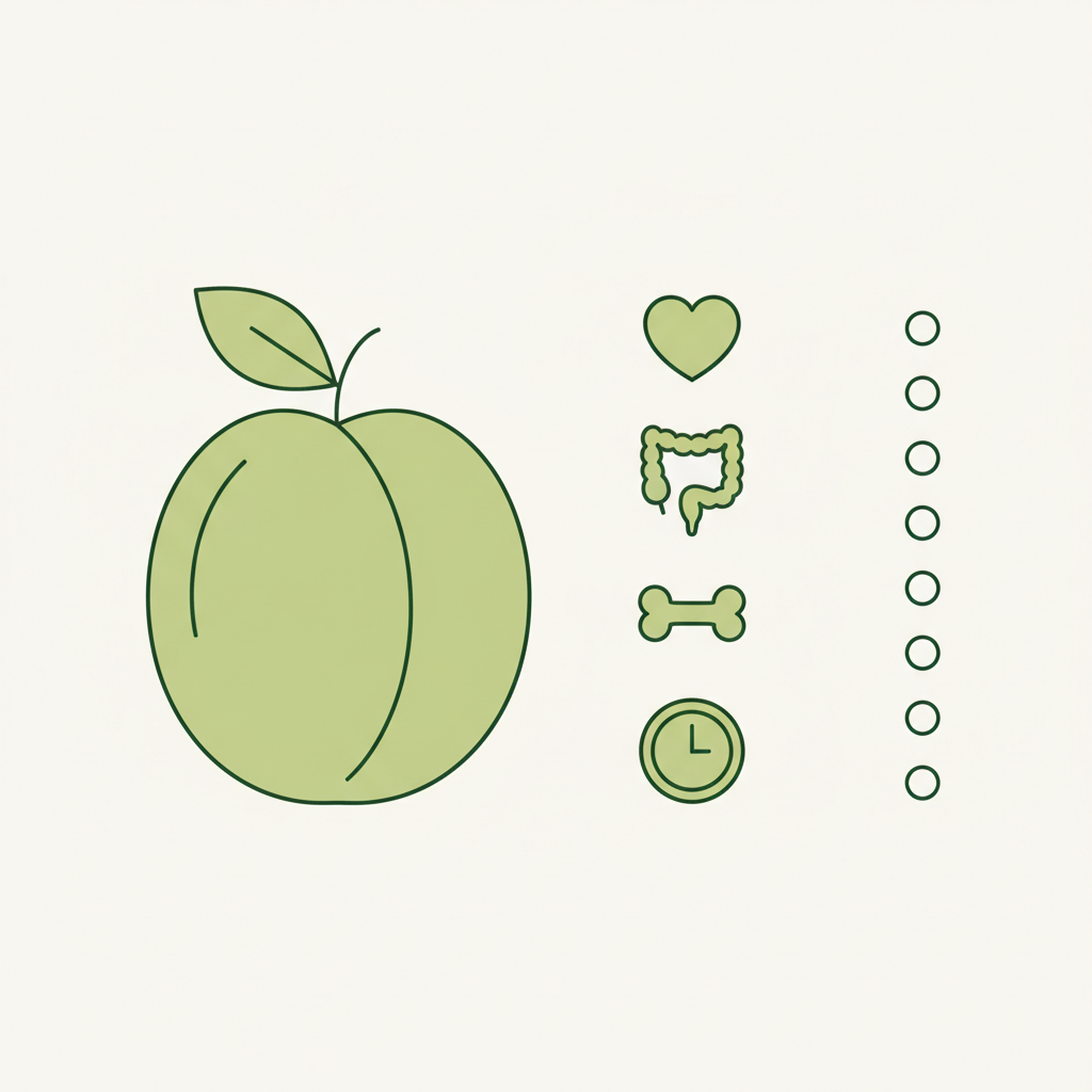 Minimalistische 2D-Vektor-Infografik mit Zwetschgen-Icon und Icons für Herz, Darm, Knochen und Uhr in den Schnell-Lecker-Farben.