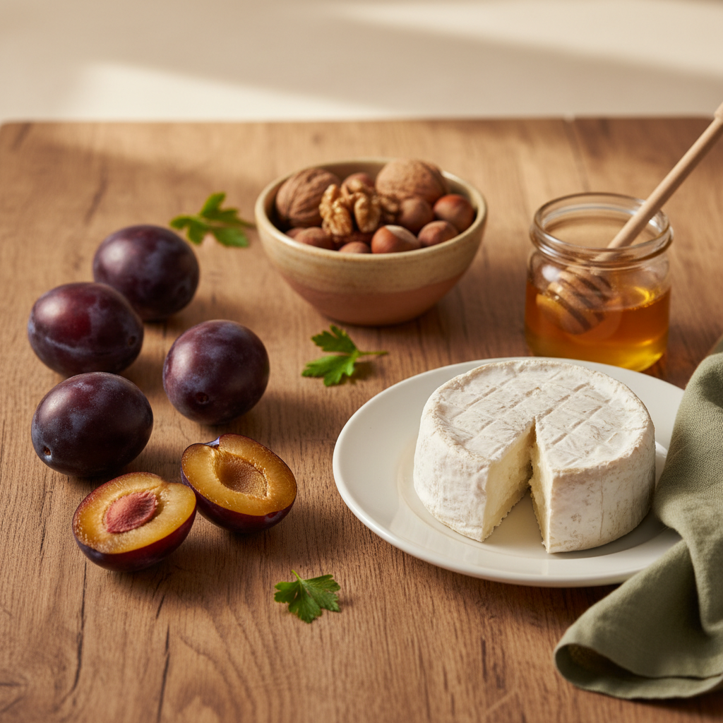 Nahaufnahme einer rustikalen Küchentheke mit frischen Zwetschgen, Nüssen, Ziegenkäse und Honigglas in warmer, minimalistischer Komposition, leichte Hintergrundunschärfe