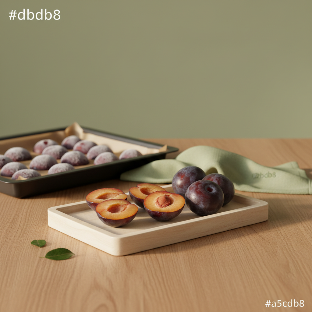 Holztablett mit halbierten Zwetschgen und Backblech mit gefrorenen Früchten in warmer, minimalistischer Küche – Zwetschgen kaufen.