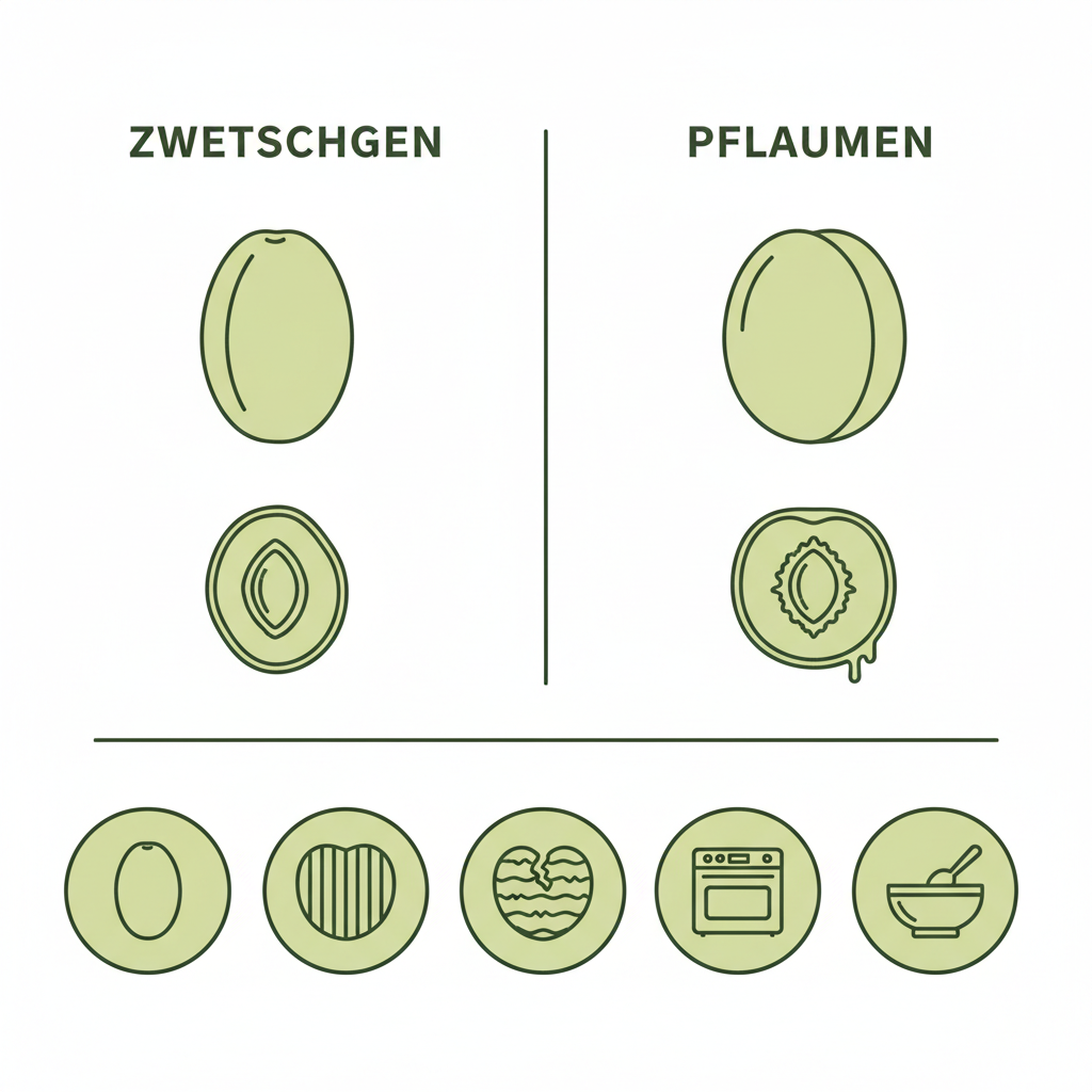 Minimalistische 2D-Vektor-Infografik: Gegenüberstellung Zwetschgen vs Pflaumen mit Icons für Form, Fruchtfleischfestigkeit und Verwendung (Backen, Trocknen, frisch) in Markenfarben