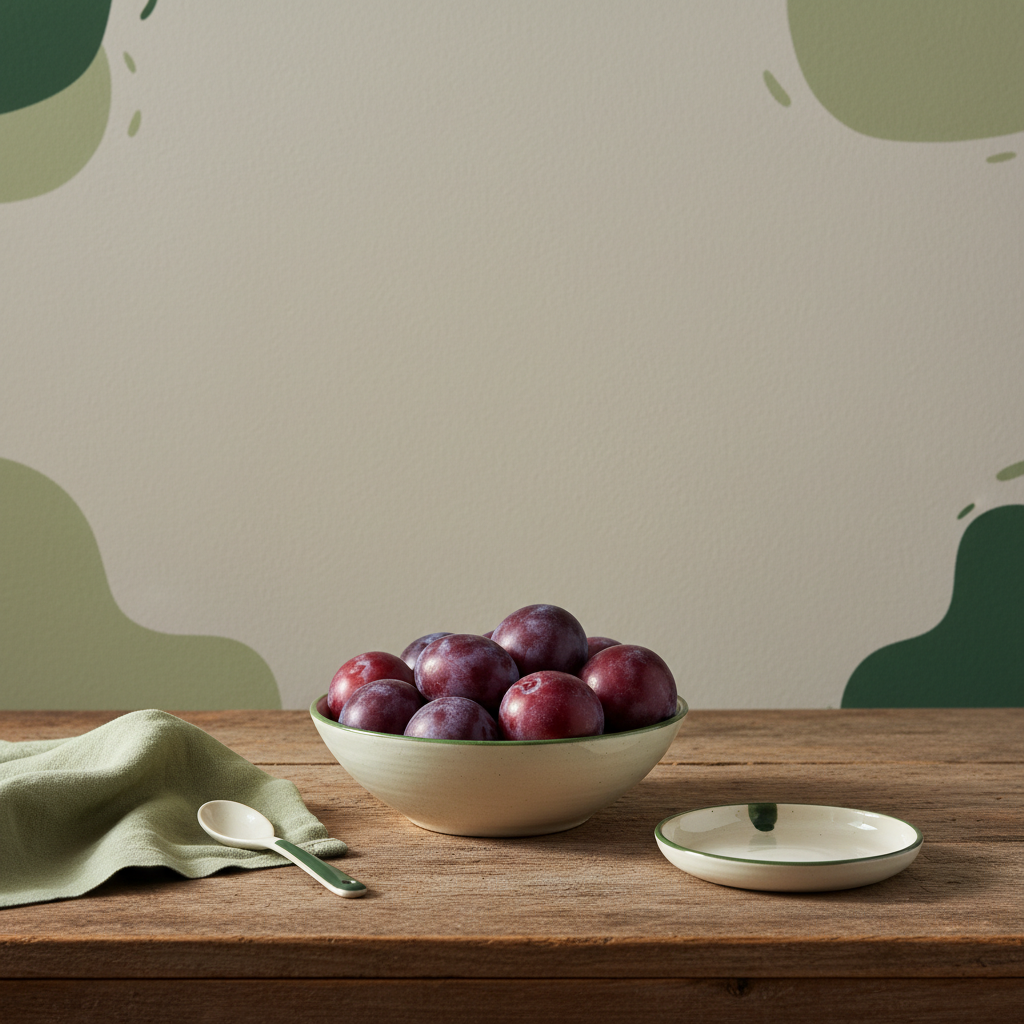 Schüssel mit Zwetschgen und Pflaumen auf rustikalem Holztisch, warmes Licht, minimaler Hintergrund #dbdbcf mit Akzenten #a5cd8d und #21431f – Zwetschgen vs Pflaumen
