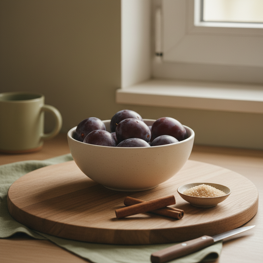 Nahaufnahme einer Schale Zwetschgen auf Holzbrett mit Zimtstange und Zucker in warmer, minimalistischer Küche, Darstellung zum Thema Zwetschgen entsorgen