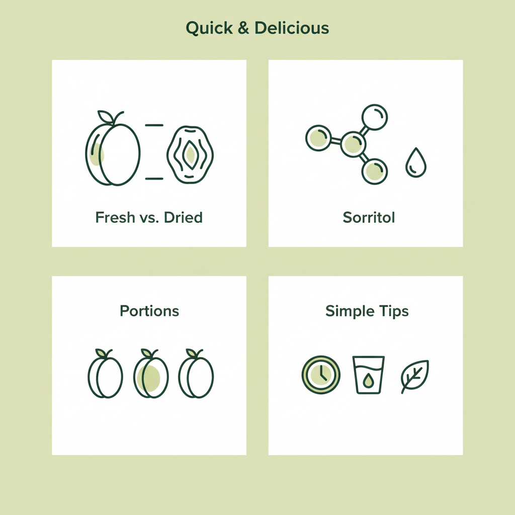 Minimalistische Vektor-Infografik Zwetschgen am Abend: Icons zu Frisch vs. Trocken, Sorbitol, Portionen und einfachen Tipps auf beigem Hintergrund.