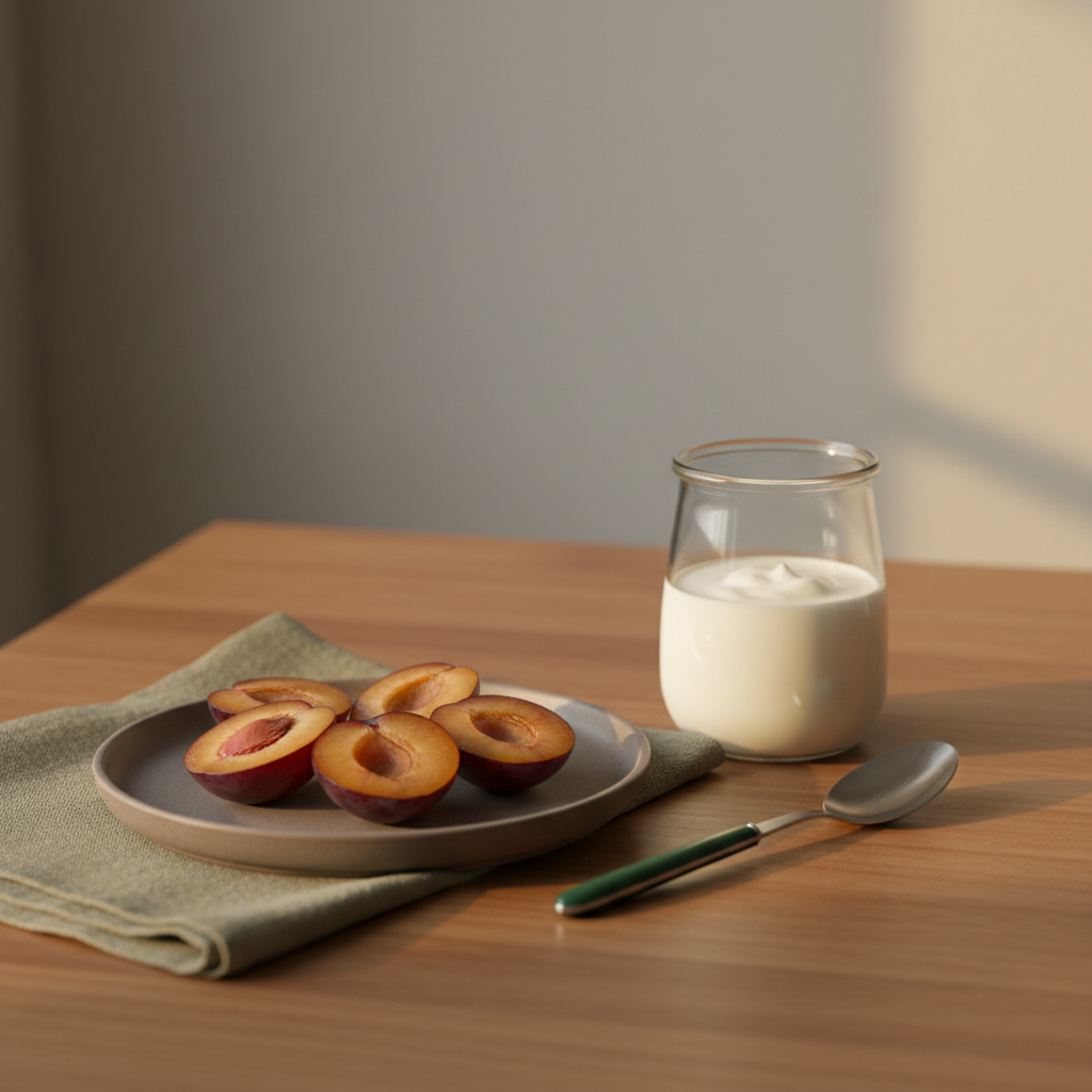 Zwetschgen am Abend: Aufgeschnittene Zwetschgen auf kleinem Teller neben Joghurtglas und Löffel auf minimalistischem Küchentisch, warme Abendstimmung, #dbdbcf Hintergrund, grüne Akzente