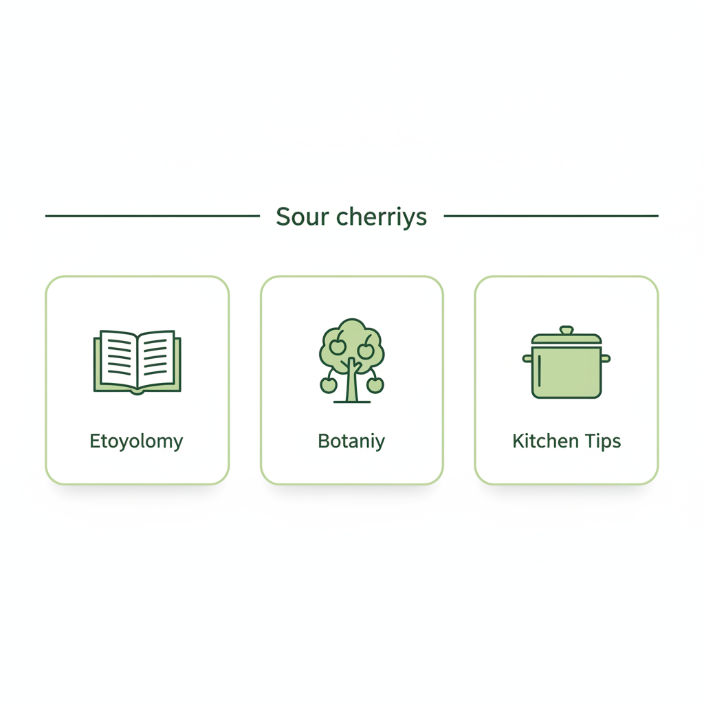 Minimalistische 2D-Vektorinfografik zu Schattenmorellen mit drei Icons (Buch, Baum, Kochtopf) in Schnell Lecker Farben, sauberes und aufgeräumtes Layout