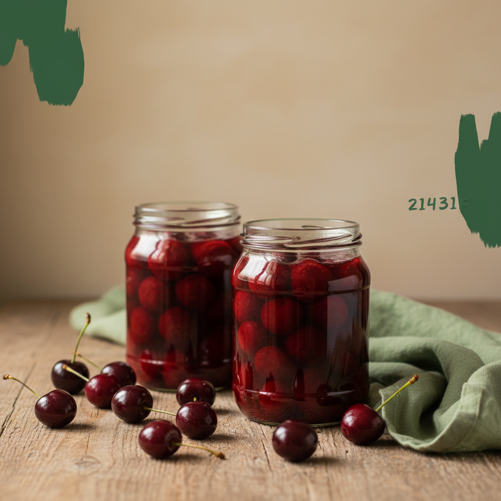 Close-up von Schattenmorellen-Kompottgläsern auf rustikalem Holztisch, verstreute dunkle Kirschen und Leinen in Markenfarbe, warmes natürliches Fensterlicht.