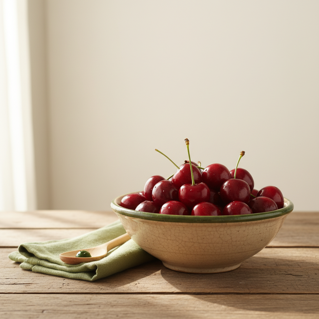 Nahaufnahme frischer Kirschen in rustikaler Keramikschüssel auf hölzernem Tisch vor hellem cremefarbenem Hintergrund (#dbdbcf) mit dezenten grünen Akzenten (#a5cd8d).