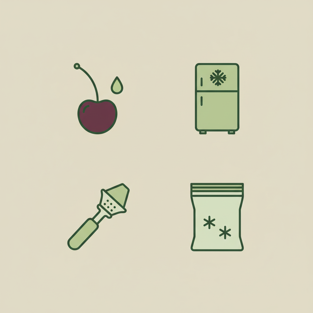 Minimalistische Infografik mit Vektorsymbolen (Kirsche, Kühlschrank, Entkerner, Gefrierbeutel) zur Lagerung und Haltbarkeit – Schattenmorellen roh essen