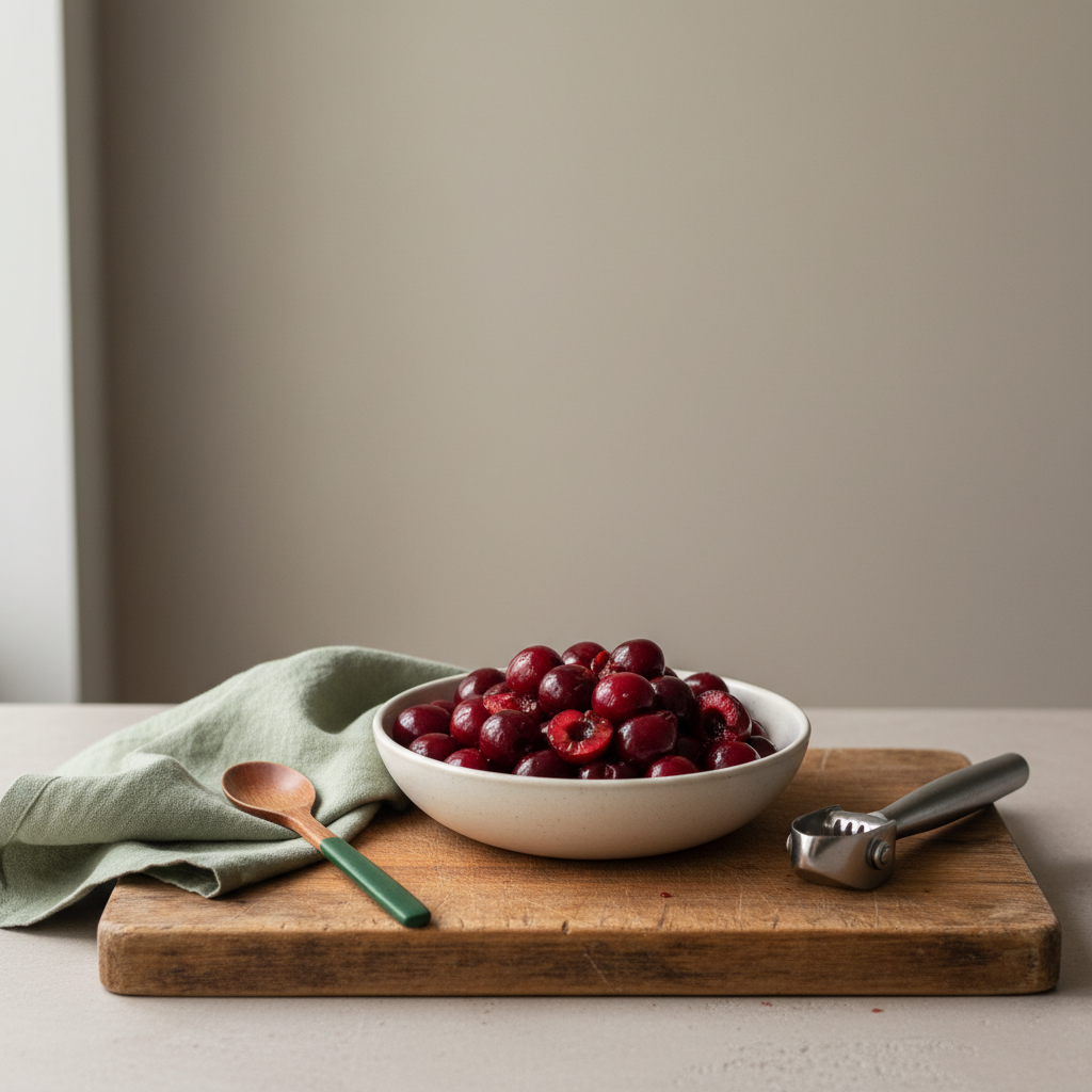 Schale mit entkernten Schattenmorellen neben Kernausstecher auf rustikalem Holzbrett vor #dbdbcf Hintergrund, dezente Akzente #a5cd8d und #21431f — Schattenmorellen roh essen