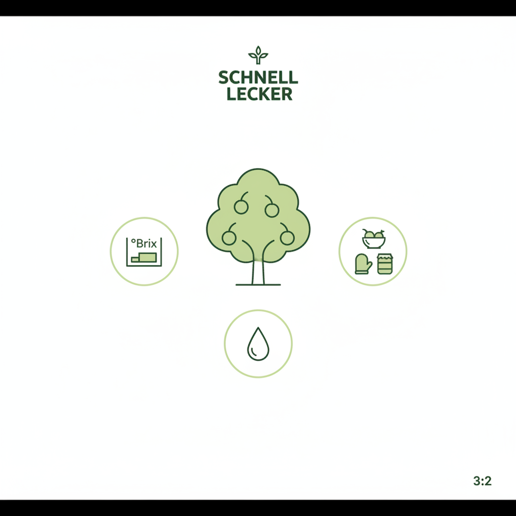 Minimalistische 2D-Vektor-Infografik eines Kirschbaums mit Icons für °Brix, Säure und Verwendungen (frisch, backen, Marmelade) in Schnell Lecker Farben