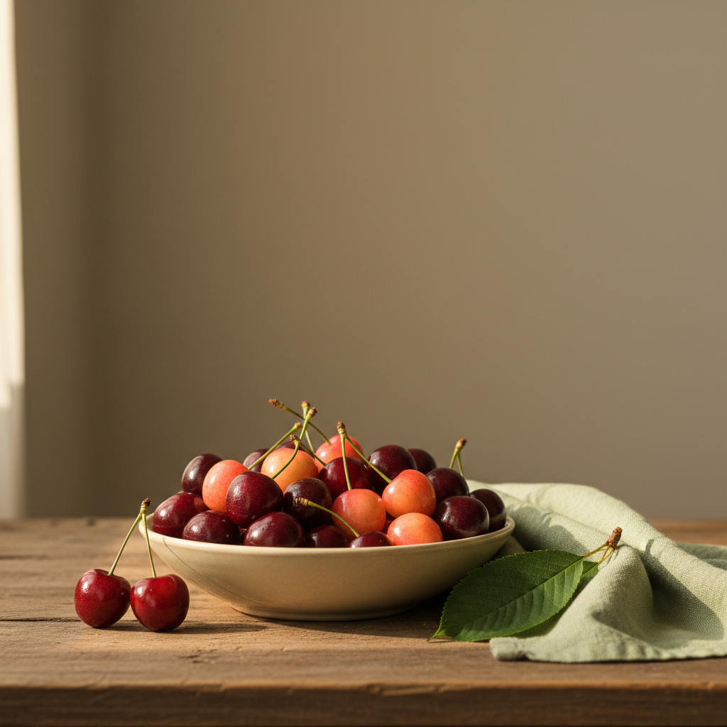Nahaufnahme einer Schale mit Bing-, Rainier- und Morellen-Kirschen auf rustikalem Holztisch, warmes Licht, Hintergrund #dbdbcf und Akzente #a5cd8d, Kirschbaum