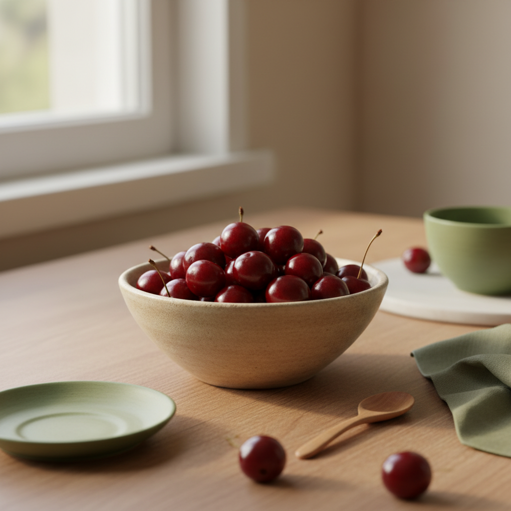 Nahaufnahme einer rustikalen Schale mit tiefroten Schattenmorellen auf Holztisch, natürliches Seitenlicht, dezente Serviette in #a5cd8d vor #dbdbcf Hintergrund