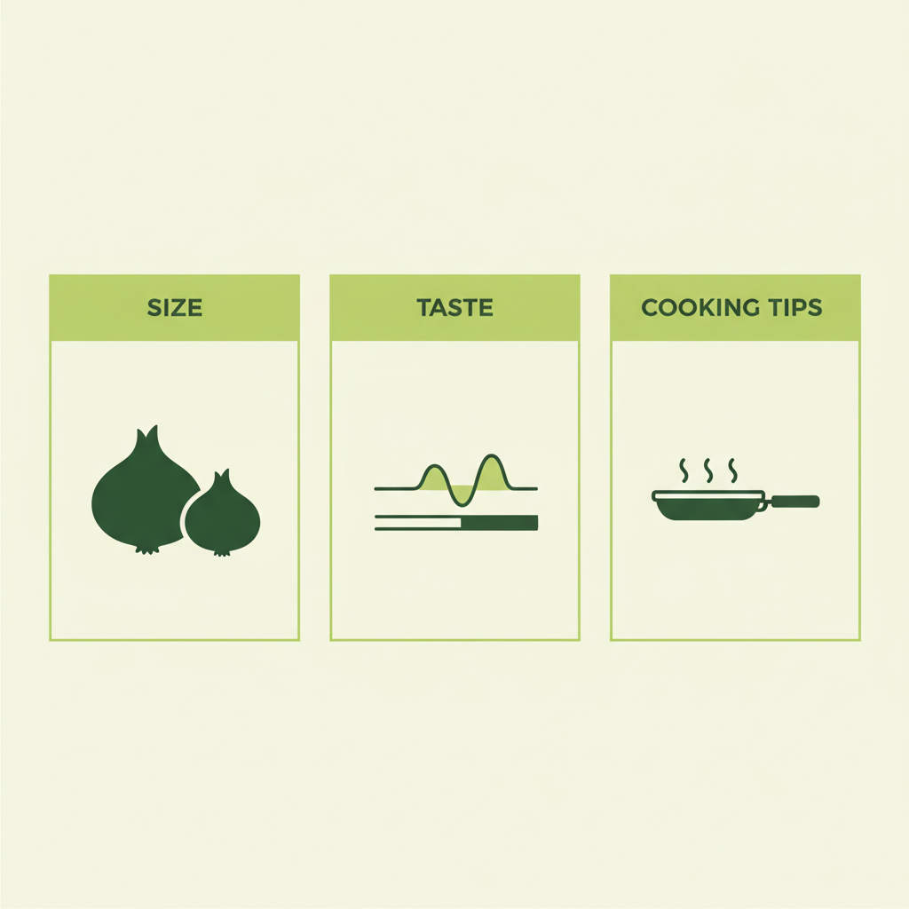 Infografik-Vergleich: Unterschied Schalotten und Zwiebeln – drei minimalistische Vektor-Icons zeigen Größe, Geschmack und Kochtipps in Markenfarben.