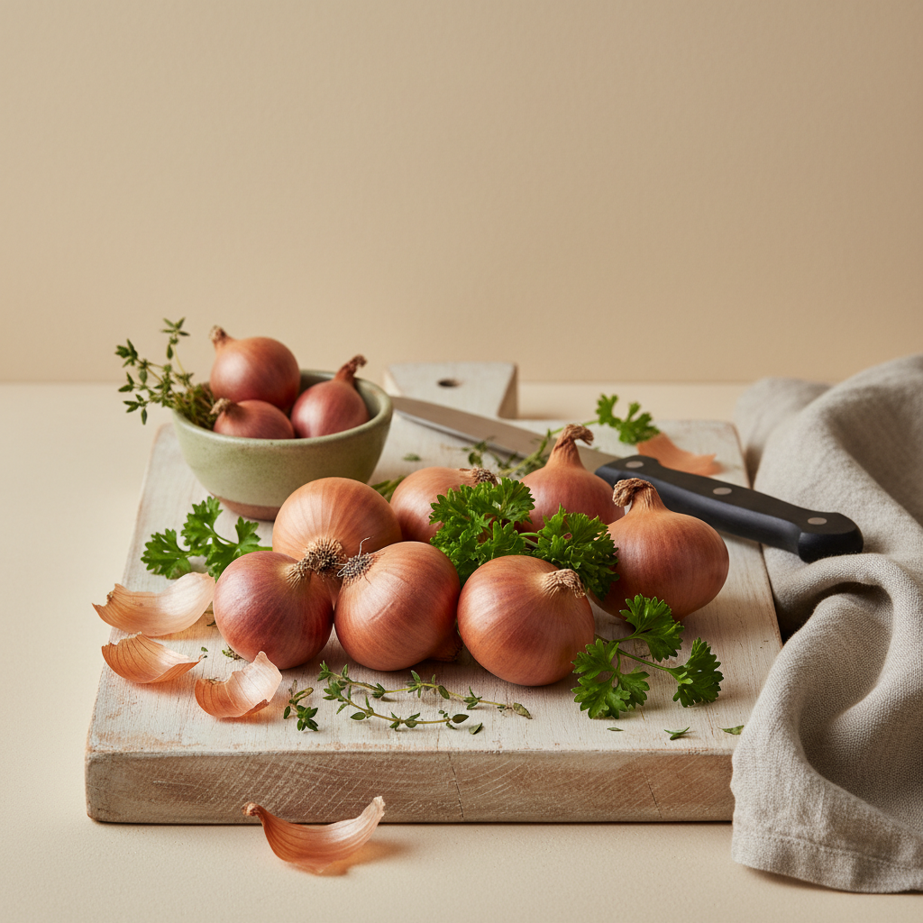 Nahaufnahme von Schalotten und Zwiebeln auf Holzbrett mit frischen Kräutern und Küchenwerkzeug in warmer, minimalistischer Küche. Unterschied Schalotten und Zwiebeln erkennen.