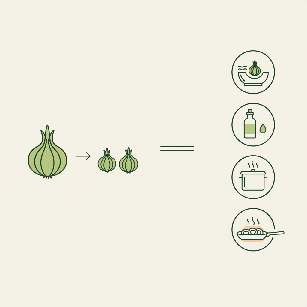 Minimalistische 2D-Vektor-Infografik mit Zwiebel-gegen-Schalotte Mengenumrechnung visuell und vier Icons zur Schärfereduktion (Wasserbad, Essig, Blanchieren, Karamellisieren) in Schnell-Lecker-Farben.
