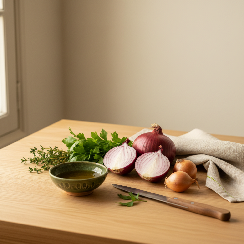 Rustikales Vollbild-Küchen-Setup mit zwiebel statt schalotte, frischen Kräutern und Olivenöl auf hellem Holztisch, warmer minimalistischer Look