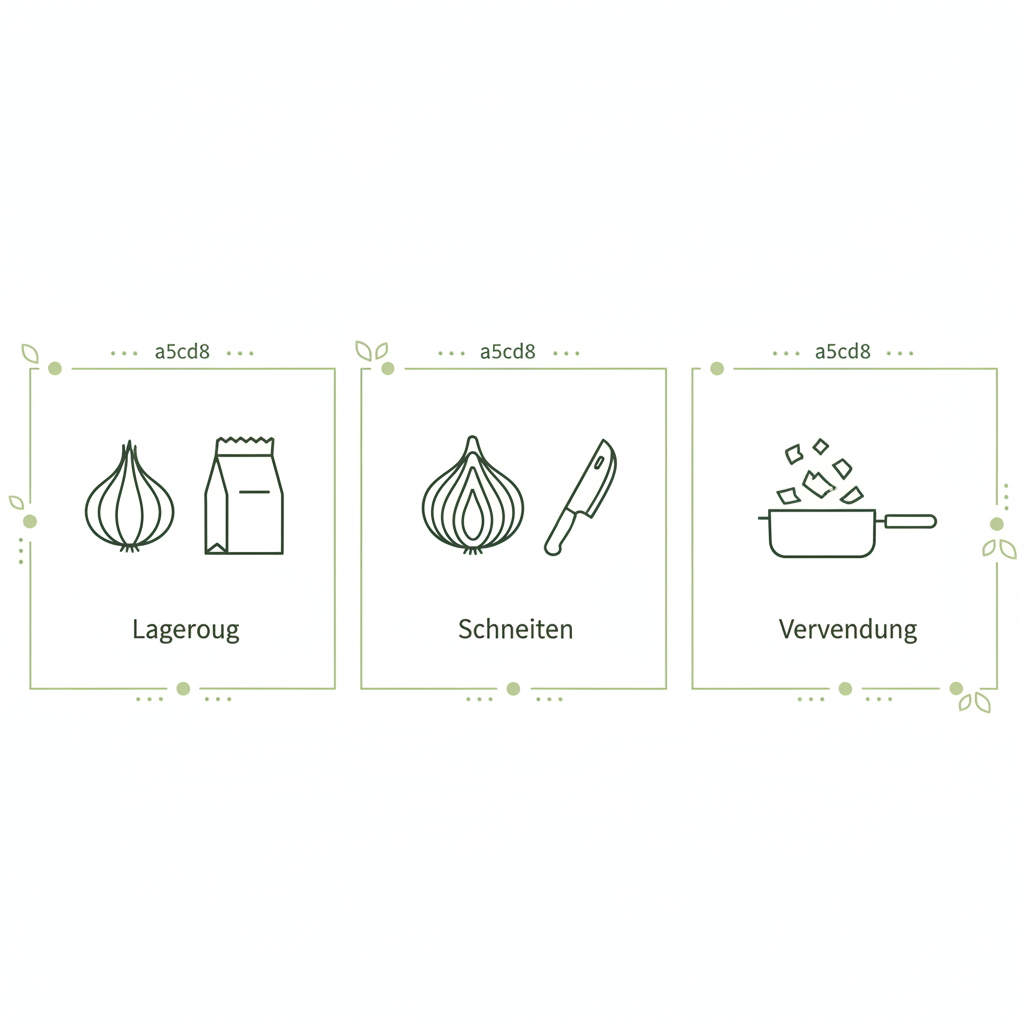 Minimalistische 2D‑Vektor‑Infografik mit Icons zur Lagerung, zum Schneiden und zur Verwendung von Schalotten in Schnell Lecker Farben.