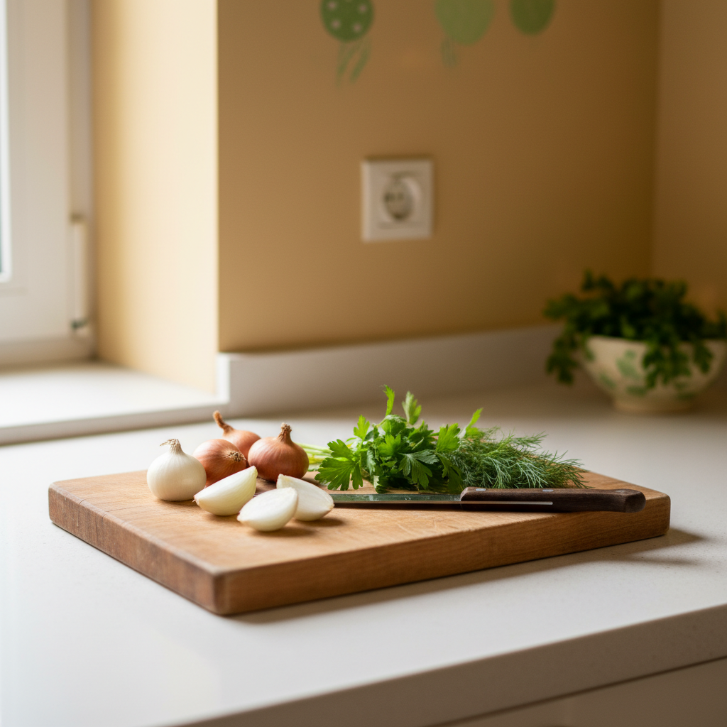 Nahaufnahme von Schalotten auf Holz‑Schneidebrett mit frischen Kräutern und Messer vor hellem Hintergrund #dbdbcf, dezente Akzente #a5cd8d, warme heimische Küchenstimmung.